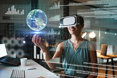 Buy stock photo Vr, metaverse and business woman with earth in office at night exploring a cyber world. Future, virtual reality and female employee with digital globe with ai software for 3d, data and trading graphs