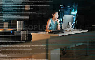 Buy stock photo Computer, hologram hud or person reading future administration dashboard, ui chart or cloud computing software. Digital transformation web, night overlay or black woman focus on fintech data analysis