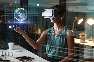 Buy stock photo Vr, 3d earth and business woman in office with global overlay, digital hologram or cyber network at night. Virtual reality, world metaverse and female with holographic future globe for globalization