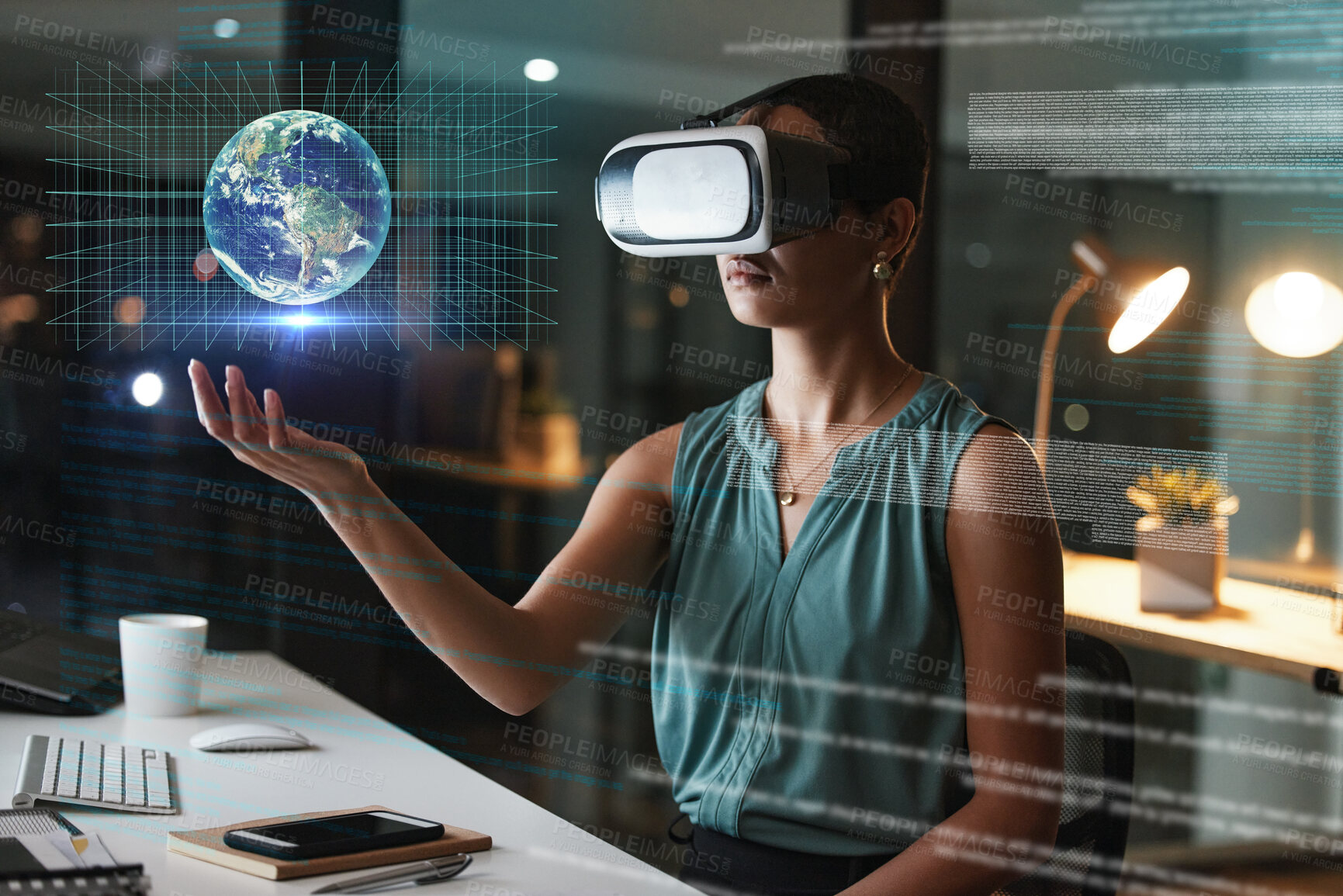 Buy stock photo Vr, 3d earth and business woman in office with global overlay, digital hologram or cyber network at night. Virtual reality, world metaverse and female with holographic future globe for globalization