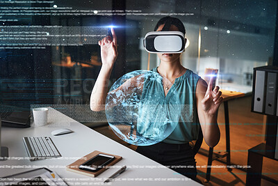 Buy stock photo Earth overlay, global network or woman in virtual reality or vr for a 3d experience in office at night. Future, metaverse globe or employee networking with a futuristic digital online innovation