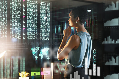 Buy stock photo Hologram chart, stock exchange woman or thinking of finance numbers, future IPO database or night ui overlay. Forex investment idea, data analysis hud or African broker trading NFT, bitcoin or crypto
