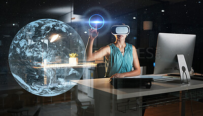 Buy stock photo Global network, planet overlay or woman in virtual reality or vr in 3d ux experience in a dark office. Future, metaverse technology or employee networking with a futuristic digital online innovation