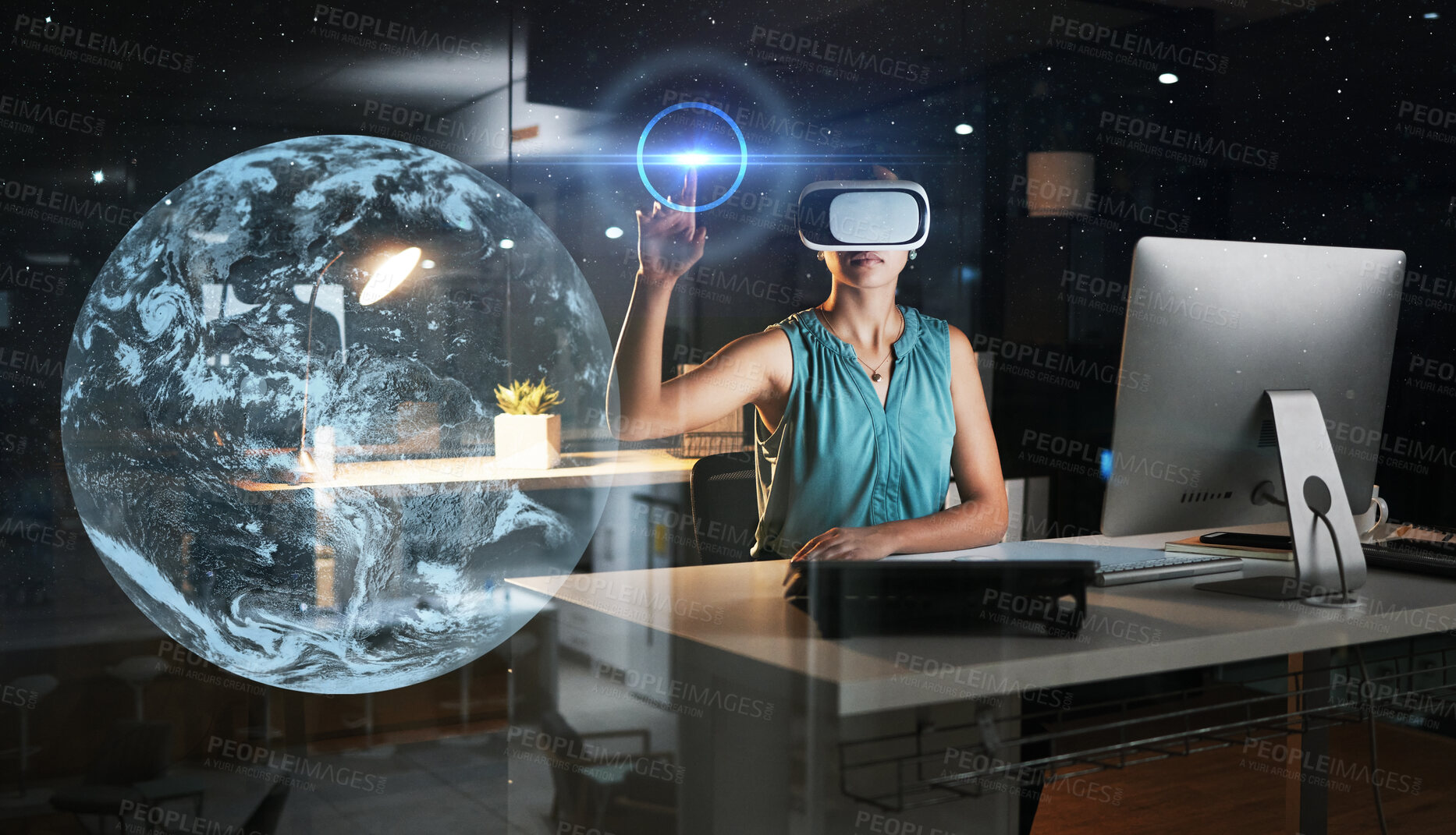 Buy stock photo Global network, planet overlay or woman in virtual reality or vr in 3d ux experience in a dark office. Future, metaverse technology or employee networking with a futuristic digital online innovation