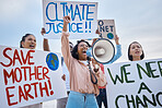 Black woman, climate change and megaphone protest with crowd protesting for environment and change. Save earth sign, group activism and angry people shouting on bullhorn to stop planet pollution.