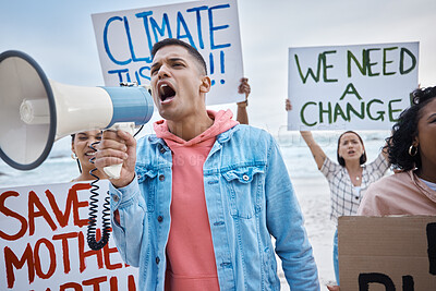 Buy stock photo Protest, climate change and megaphone with man at the beach for environment, earth day and action. Global warming, community and stop pollution with activist for social justice, support and freedom