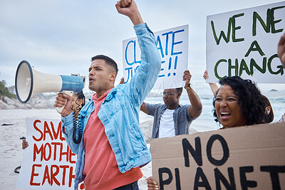 Buy stock photo Protest, global warming and megaphone with man at the beach for environment, earth day and action. Climate change, community and pollution with activist for social justice, support and freedom