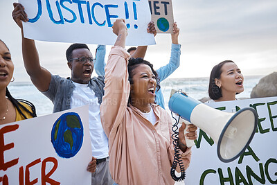 Buy stock photo Climate change sign, megaphone and woman protest with crowd at beach protesting for environment and global warming. Save the earth, group activism and people shouting on bullhorn to stop pollution.