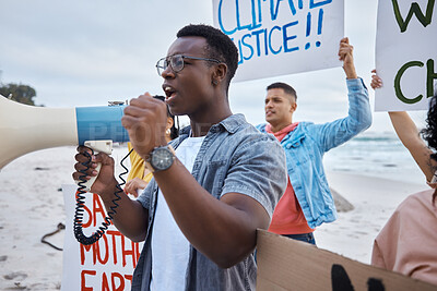 Buy stock photo Protest, climate change and megaphone with black man at the beach for environment, earth day and action. Global warming, community and pollution with activist for social justice, support and freedom