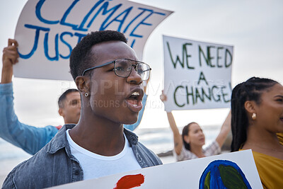 Buy stock photo Climate change, sign and black man profile with megaphone for freedom movement. Angry, crowd screaming and young people by the sea with world support for global, social and equality action at ocean