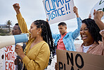 Protest, climate change and megaphone with black woman at the beach for environment, earth day and action. Global warming, community and pollution with activist for social justice, support or freedom