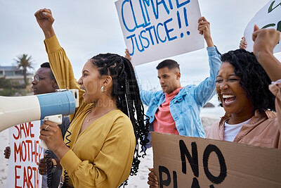 Buy stock photo Protest, climate change and megaphone with black woman at the beach for environment, earth day and action. Global warming, community and pollution with activist for social justice, support or freedom