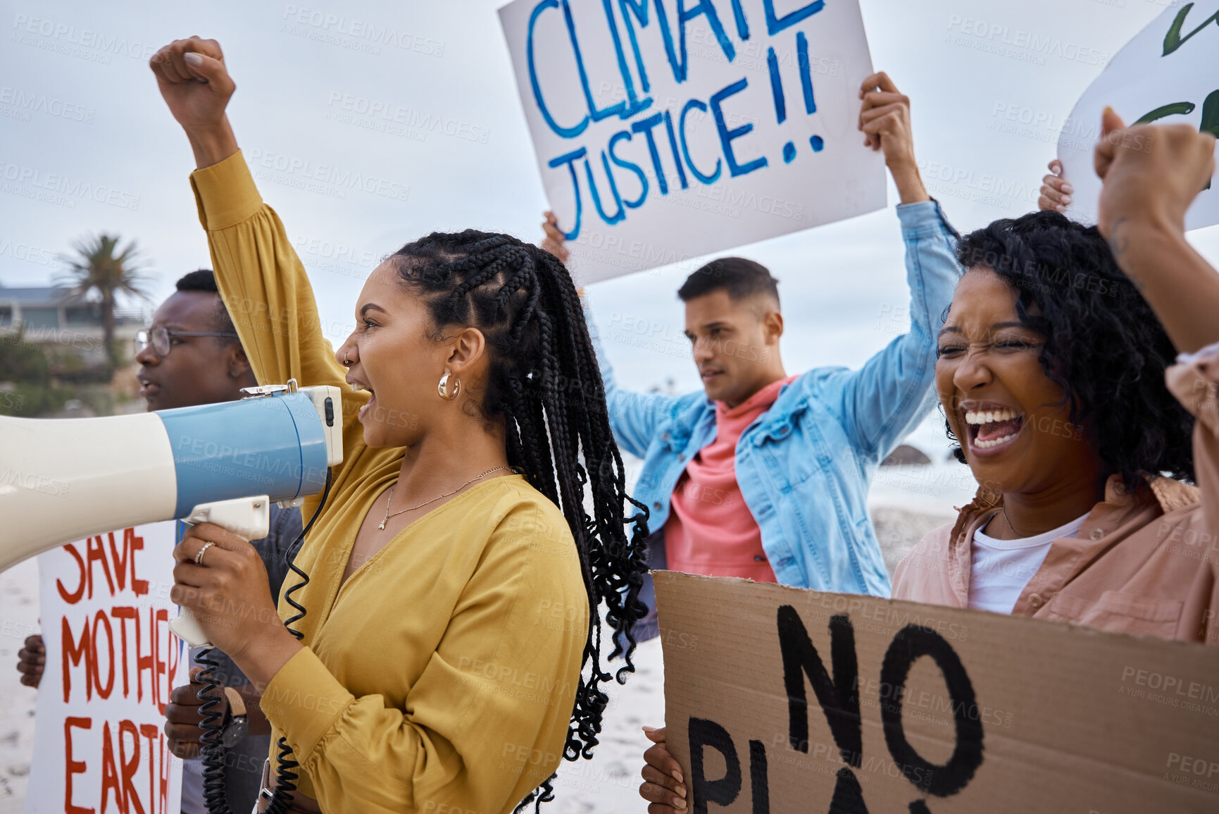 Buy stock photo Protest, climate change and megaphone with black woman at the beach for environment, earth day and action. Global warming, community and pollution with activist for social justice, support or freedom