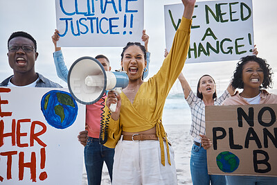 Buy stock photo Climate change, protest and black woman with megaphone for freedom movement. Angry, crowd screaming and young people by the sea with world support for global, social and equality action at the beach