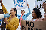 Protest, global warming and megaphone with black woman at the beach for environment, earth day and action. Climate change, community and pollution with activist for social justice, support or freedom