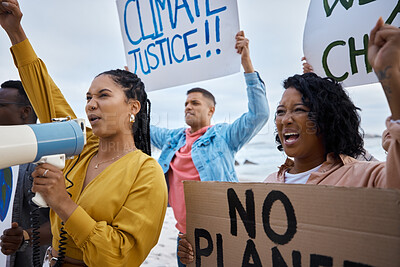 Buy stock photo Protest, global warming and megaphone with black woman at the beach for environment, earth day and sign. Climate change, community and pollution with activist for social justice, support or freedom