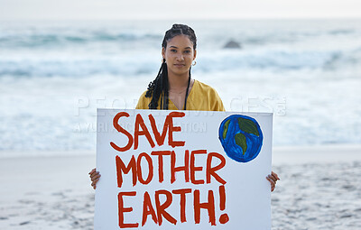Buy stock photo Save earth, sign and woman portrait at beach for pollution, environment and green planet protest. Ocean, sea and nature globe poster or cardboard for awareness, global warming and climate change