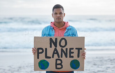 Buy stock photo Save earth, sign and man protest at beach pollution, environment and green, eco planet. Ocean, sea and portrait of person with nature globe poster for awareness, global warming and climate change