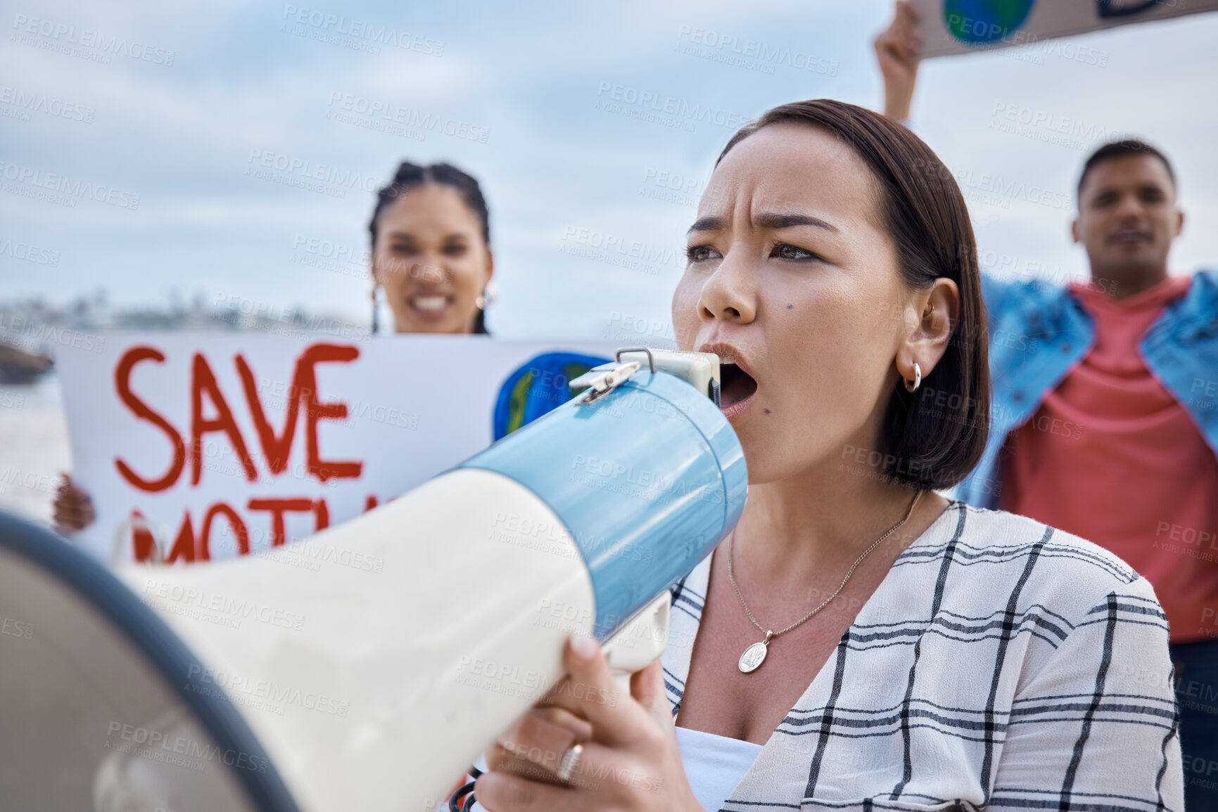 Buy stock photo Climate change, megaphone and Asian woman protest with crowd protesting for environment and global warming. Save the earth, group activism and female shouting on bullhorn to stop planet pollution.