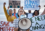 Climate change protest, megaphone and Asian woman with crowd at beach protesting for environment, global warming and to stop pollution. Save the earth, portrait and female leader shouting on bullhorn