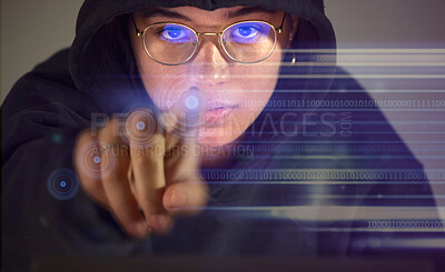 Buy stock photo Hologram, cyber woman and touch screen portrait for 3d, futuristic or future technology in digital software. UI screen and hand with information technology of hacker hacking server or database app