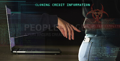 Buy stock photo Phishing, cyber security and hacker with laptop and phone with matrix overlay for crypto, password and software cloning. Data, fraud and programming with hand of person for crime, digital and malware