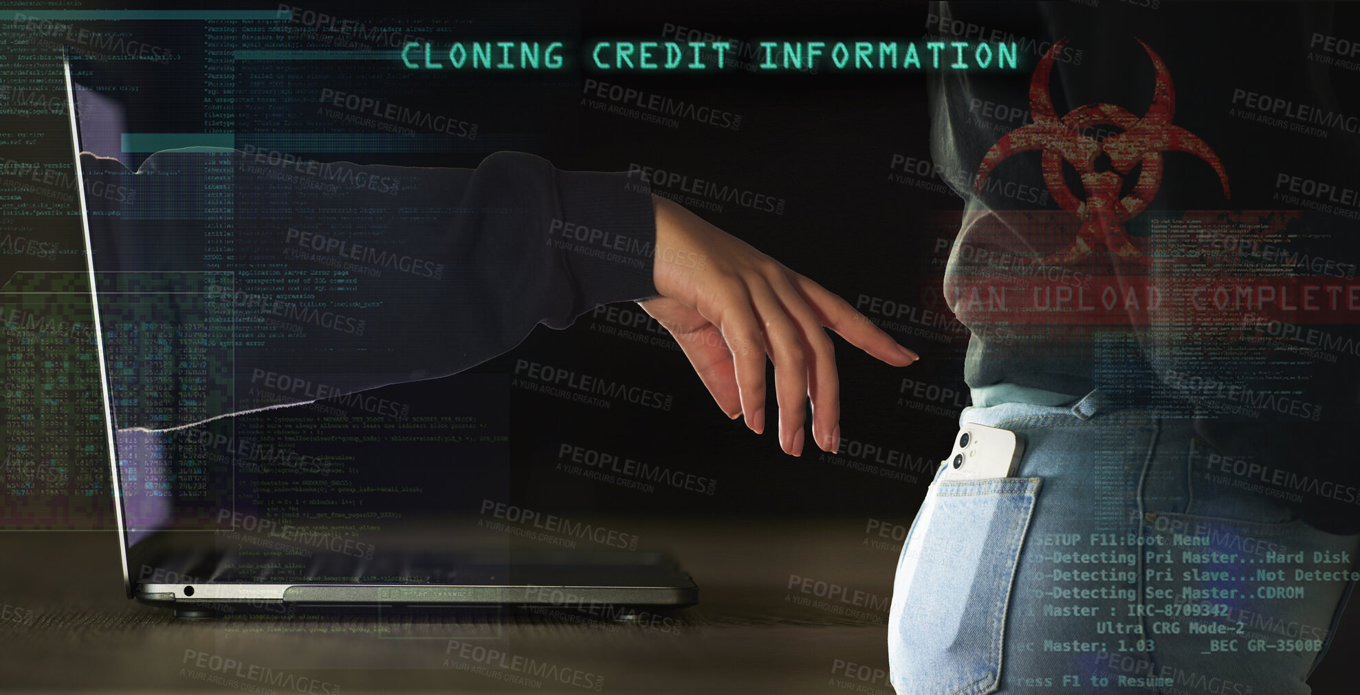 Buy stock photo Phishing, cyber security and hacker with laptop and phone with matrix overlay for crypto, password and software cloning. Data, fraud and programming with hand of person for crime, digital and malware