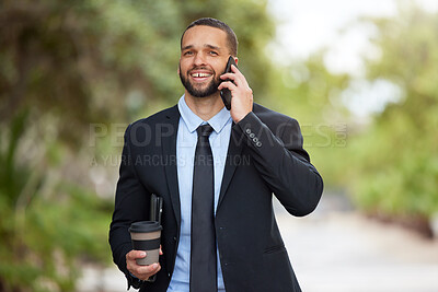 Buy stock photo Businessman, phone and city park with coffee for happiness, conversation and worker break. Urban corporate employee talking on smartphone for communication, happy social networking or outdoor contact