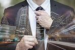 Businessman, suit and tie with double exposure of city with hands, night or street with motion blur. Executive man, metro or buildings with dark holographic overlay for leader, manager or cityscape