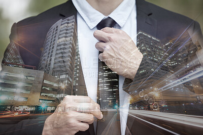 Buy stock photo Businessman, suit and tie with double exposure of city with hands, night or street with motion blur. Executive man, metro or buildings with dark holographic overlay for leader, manager or cityscape