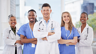 Buy stock photo Arms crossed, medical teamwork and diversity portrait for hospital leadership, support and wellness clinic. Happy group of healthcare doctors, nurses and smile with motivation, trust and medicine