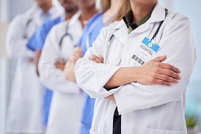 Buy stock photo Doctors team, arms crossed and cropped at hospital with teamwork, diversity and solidarity for healthcare. Doctor, nurse and group for motivation, service and collaboration in clinic for wellness