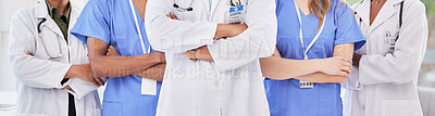 Buy stock photo Arms crossed, teamwork and diversity healthcare in hospital for collaboration, support and wellness clinic. Closeup group of medical banner, doctors and nurses working with motivation, trust and help