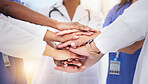 Healthcare, diversity and hands of doctors for teamwork, partnership and medicine success. Motivation, support and medical workers in hand gesture for solidarity, help mission and collaboration goals