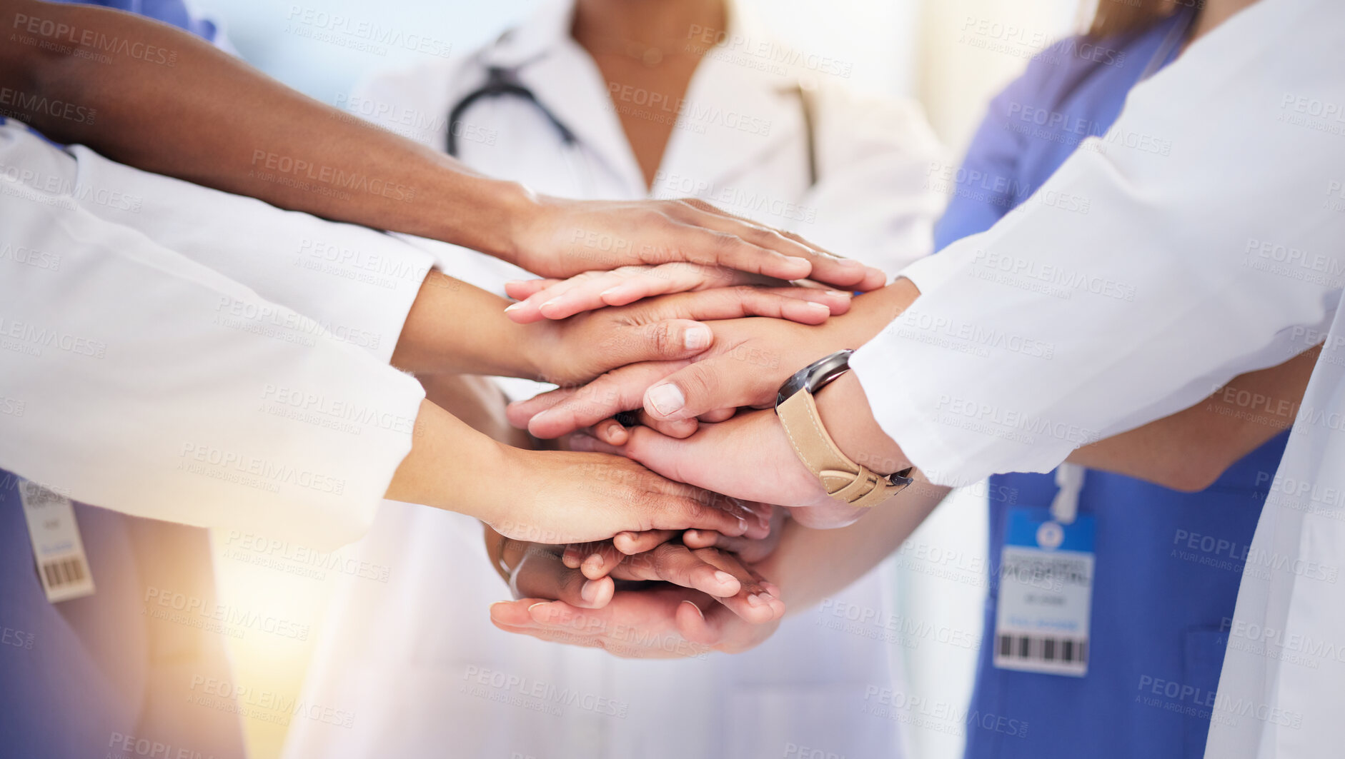 Buy stock photo Healthcare, diversity and hands of doctors for teamwork, partnership and medicine success. Motivation, support and medical workers in hand gesture for solidarity, help mission and collaboration goals