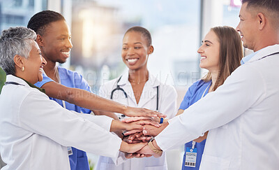 Buy stock photo Healthcare, happy teamwork and hands of doctors for mission of medicine success. Motivation, support and medical diversity in hand stack for solidarity, hospital trust and collaboration goals 