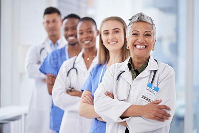 Buy stock photo Medical students group, leader and clinic portrait with happiness, diversity or solidarity for healthcare. Nurse, black man and women for motivation, service or collaboration in hospital for learning