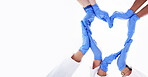 Doctors, heart and glove hands on mockup, banner and isolated white background in support. Medical team, love shape and healthcare of cardiology, wellness and hope emoji for help, medicine and trust