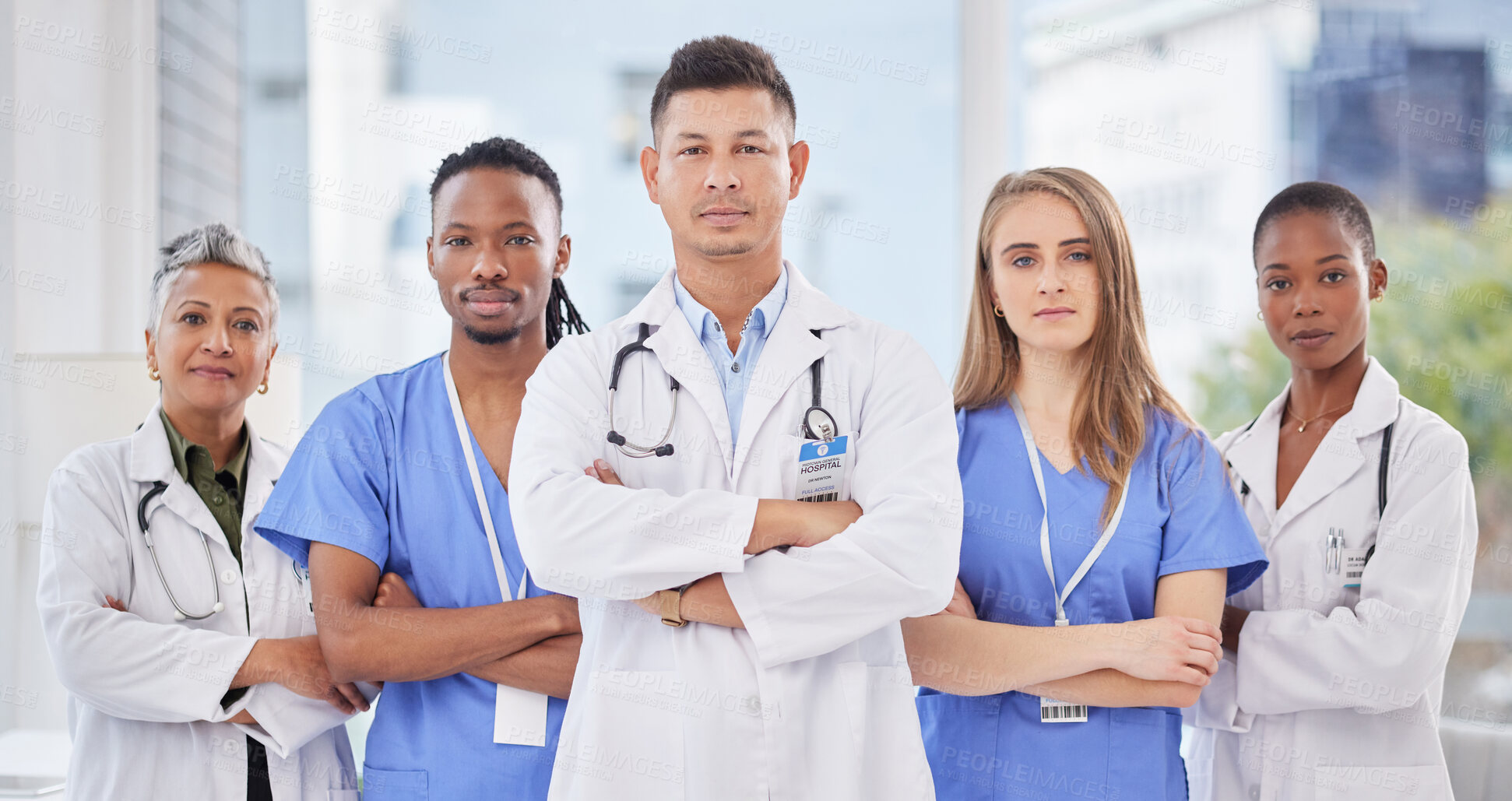 Buy stock photo Arms crossed, medicine teamwork and diversity portrait for medical collaboration, support or wellness surgery. Group of healthcare doctors, nurses and focus with motivation, trust or hospital mission