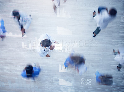 Buy stock photo Planning, blur or overlay top view of doctors, nurse or medical healthcare schedule in clinic lobby. Busy, medicine or employee on tech in hospital with people walking, fast movement or motion above
