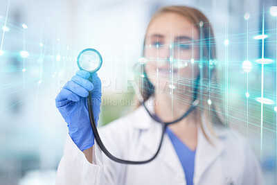 Buy stock photo Woman, doctor or stethoscope on hologram overlay database for future healthcare, medicine or innovation information technology. Employee in futuristic medical clinic, dashboard networking or software