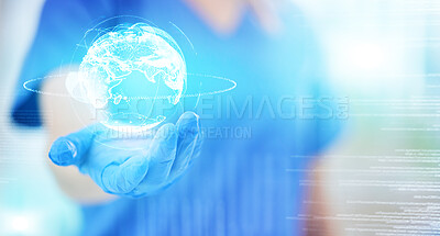 Buy stock photo Woman, doctor and hands in 3D globe hologram for future healthcare, life insurance or innovation on mockup. Hand of medical female in futuristic global communication, networking or medicare software
