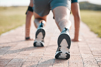 Buy stock photo Fitness, running and shoes of man to start exercise, marathon training and endurance workout. Sports mockup, wellness and feet of male runner ready for race, athlete competition and performance