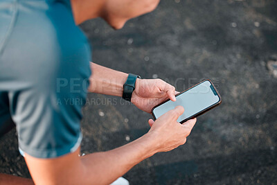 Buy stock photo Phone, screen and fitness of man, city and mockup for workout, exercise app or internet search on social media. Urban sports guy with smartphone, mobile typing or check wellness goals on digital tech