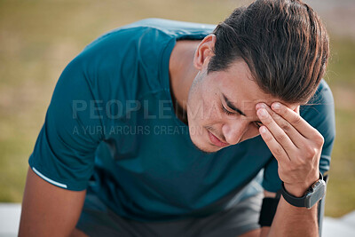 Buy stock photo Fitness, stress and man with a headache after exercise or doing outdoor training for a competition. Sports, wellness and tired male athlete with a migraine or problem after an intense workout.