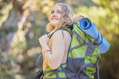 Buy stock photo Hiking, travel and woman in nature with freedom, fitness and adventure in a jungle. Smile, happiness and free female with trekking backpack for camping and walking in nature on traveler vacation 