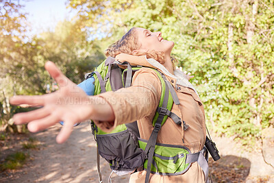 Buy stock photo Woman hiking, freedom and open hands in nature with happiness, wellness and outdoor adventure in summer. Happy hiker girl, free and smile sunshine in woods, forrest and walk with backpack on holiday