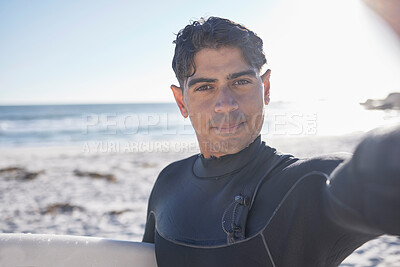 Surfer selfie, beach and man portrait at beach ready for surfing, water sports and exercise. Mockup, sea and summer vacation of a athlete outdoor in the sun with surfboard for fitness in the morning
