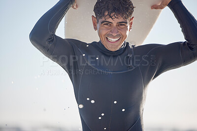 Buy stock photo Portrait, vacation and man holding surfboard at the beach, sea or ocean with a smile and is happy on a summer day. Man, surfing and male surfer with swimsuit in Australia with freedom on the waves