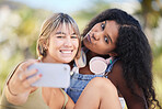 Selfie, smile and friends relax at a park for bonding, chilling and having fun on bokeh background. Happy, women and smile for profile picture, photo or blog by social media influencer in a forest